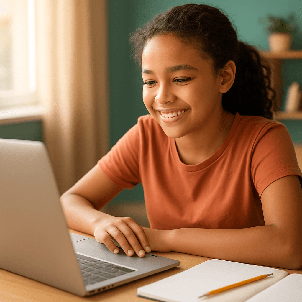 A student smiling during an online tutoring video lesson